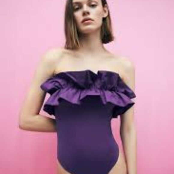 Zara Purple Strapless One-Piece Ruffled Swimsuit - Picture 1 of 6